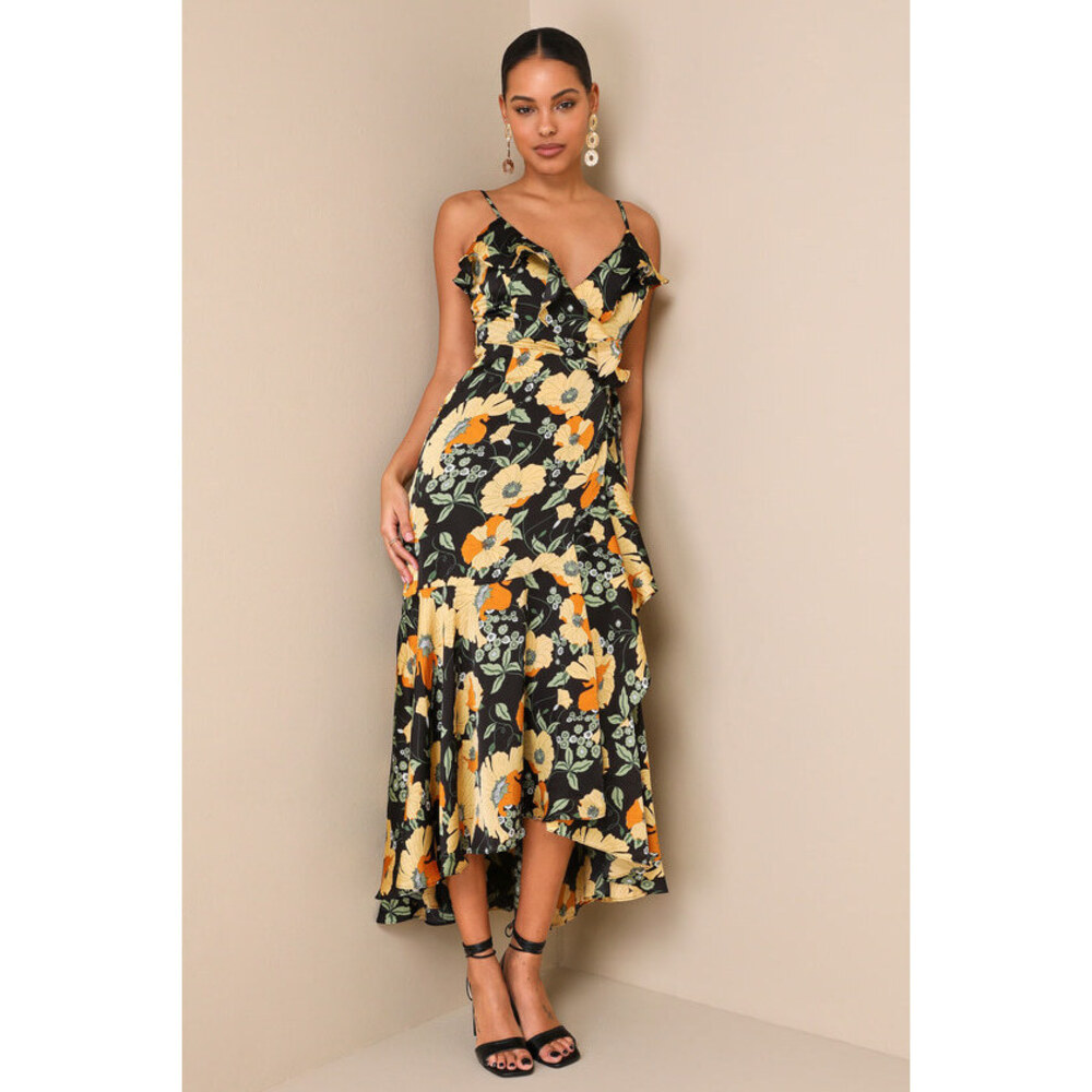 NWT Lulus Perfectly Curated Black Floral Print High-low Wrap Dress - Size S